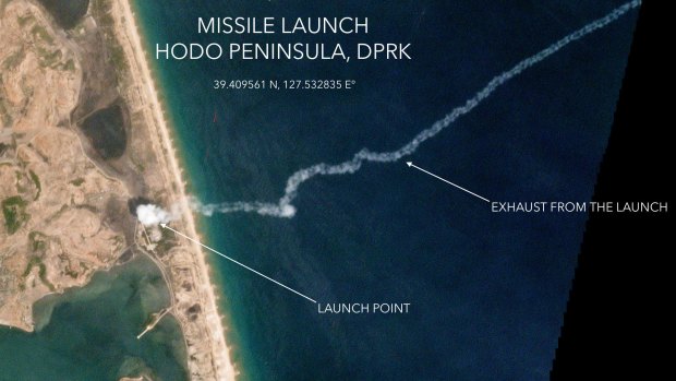 A satellite image from Planet Labs shows the North Korean missile launch on May 4. 