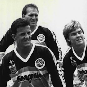 Gold Coast players Danny Burgess (left), Joe Vitanza (rear) and Troy McCarthy.