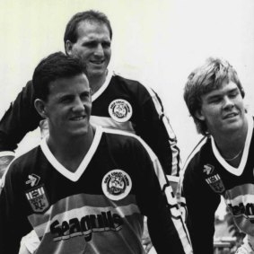 Gold Coast players Danny Burgess (left), Joe Vitanza (rear) and Troy McCarthy.