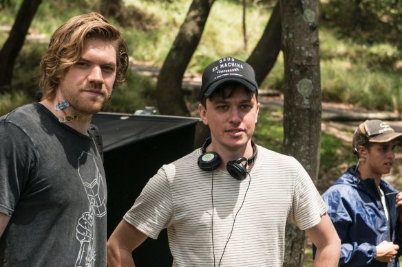 Alex England with director Abe Forsythe on the set of Little Monsters. 