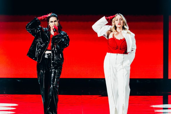 Austria’s Teya & Salena singing Who The Hell is Edgar? at the 2023 Eurovision Song Contest.