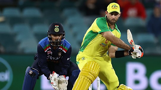 Glenn Maxwell in action during the third one-day international against India in Canberra in December.