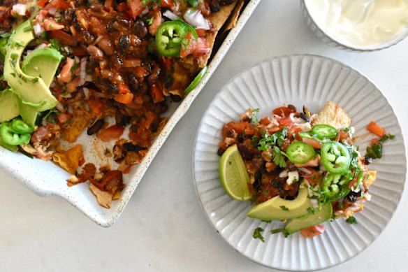 Cheesy nachos get a nutrition boost from a double serving of beans.
