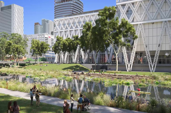 An artist’s depiction of the Powerhouse Parramatta, when it opens on the banks of the Parramatta River in 2026.