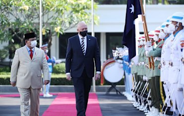 Defence Minister Peter Dutton and Indonesian counterpart Prabowo Subianto in Jakarta on Thursday.