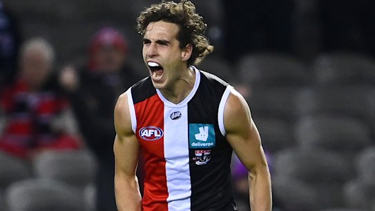 Max King of the Saints celebrates kicking a goal during the round 9 AFL match between the St Kilda Saints and the Geelong Cats at Marvel Stadium on May 14, 2021 in Melbourne, Australia.