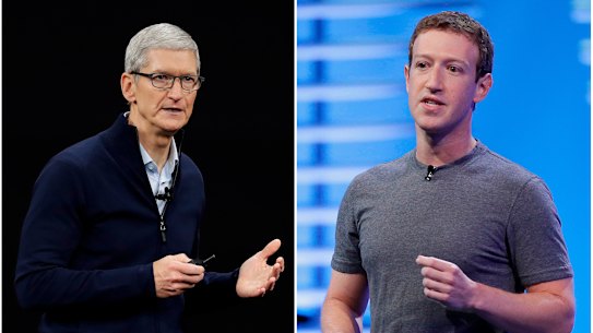 Apple CEO Tim Cook, left, and Facebook CEO Mark Zuckerberg.