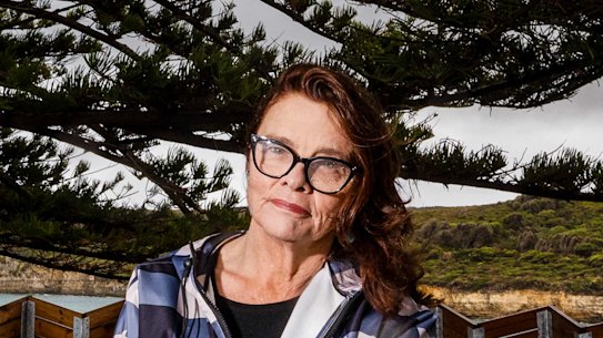 Sue Younis on a viewing deck at  Port Campbell. 