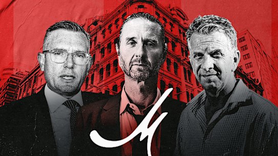 Former premier Dominic Perrottet, Merivale chief executive Justin Hemmes and former transport minister Andrew Constance. 