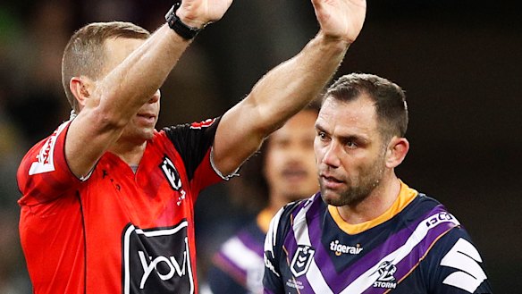 Marching orders: Cameron Smith is sent to the sin bin. 