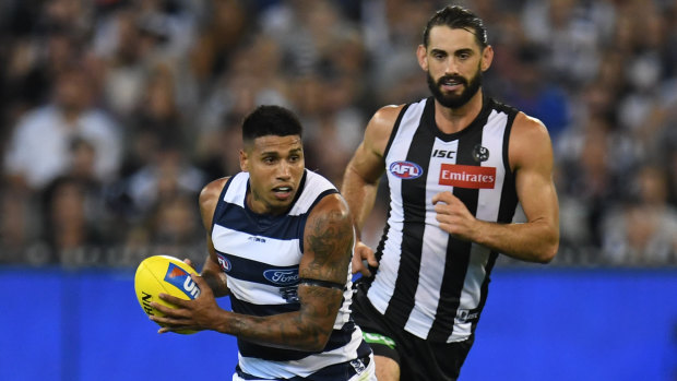 Up and about: Geelong's Tim Kelly has been in electrifying form in 2019, while Brodie Grundy is likely to give the Pies and edge in the ruck.