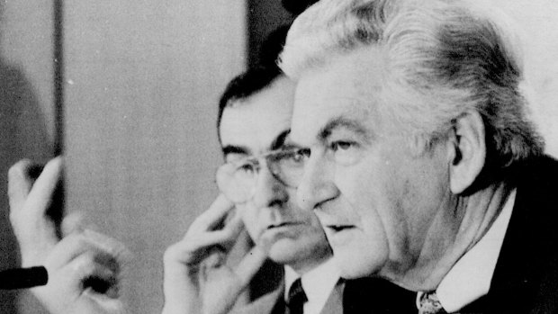 Gerry Hand and Bob Hawke in Canberra in 1990.