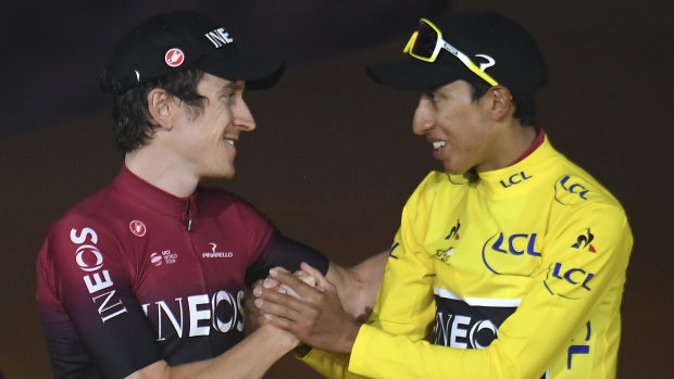 Top of the world: Bernal with Britain's Geraint Thomas, who placed second, on the podium of the 2019 Tour de France.