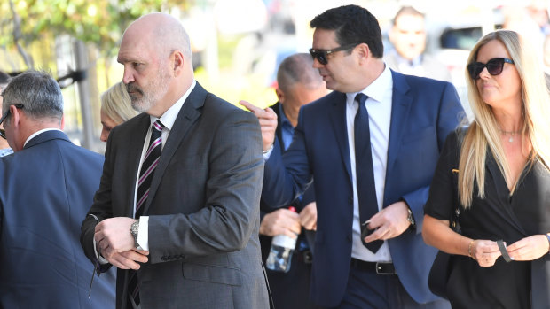 Jason Dunstall and Garry Lyon arrive for Danny Frawley's memorial service and funeral on Wednesday. 