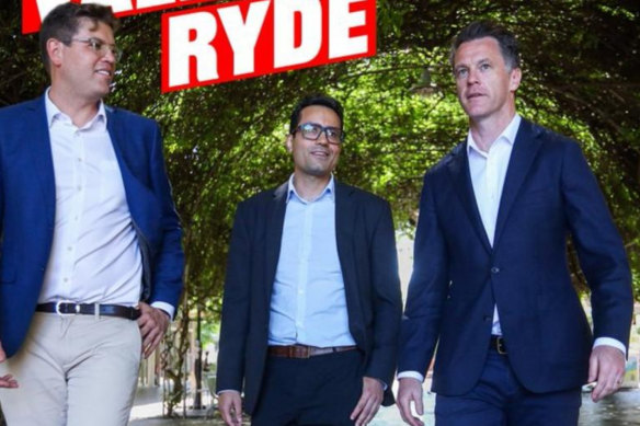 Campaign photos for Dr Francisco Valencia, middle, for the seat of Ryde, next to Bennelong MP Jerome Laxale and Labor leader Chris Minns.
