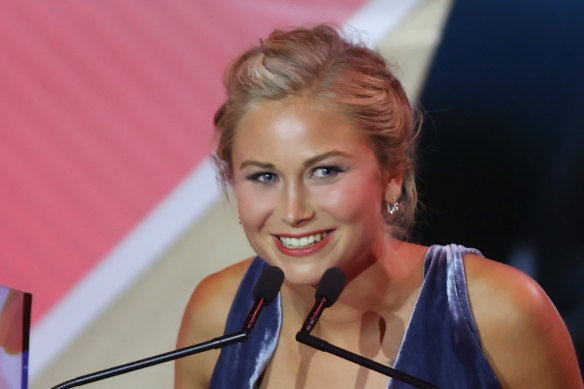 Australian of the Year Grace Tame accepts her award in January.