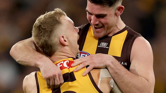James Worpel celebrates a goal with teammate Jai Newcombe during a game against Collingwood in August.