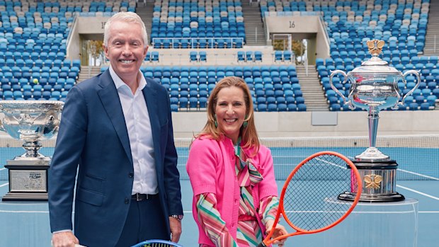 Craig Tiley and Mecca founder Jo Horgan at the announcement last week of Mecca’s partnership with the Australian Open.
