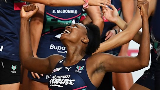 Mwai Kumwenda celebrates a hard-fought Vixens win.