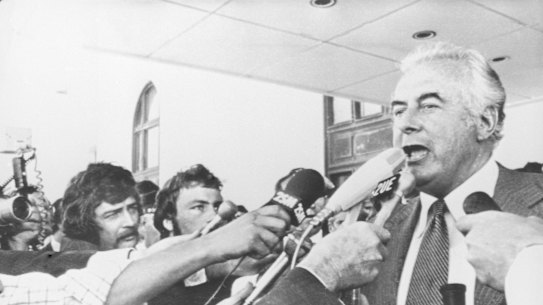 During Australia's constitutional crisis of 1975, Gough Whitlam addresses reporters outside the parliament building in Canberra after his dismissal.