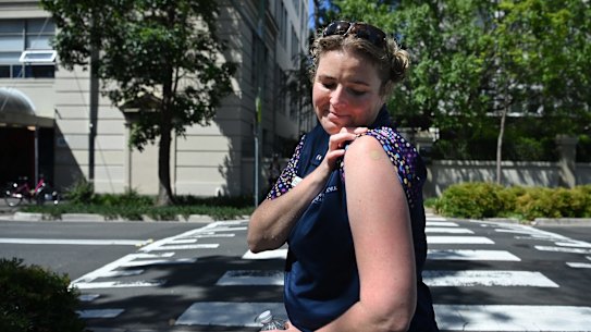 St Vincent’s Rachel Macfarlane after receiving her COVID-19 vaccine.