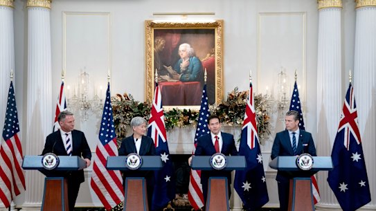 Defence Minister Richard Marles, Foreign Minister Penny Wong, US Secretary of State Marco Rubio and US War Secretary Pete Hegseth speak to reporters after their meeting.