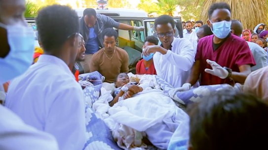 An injured victim of an alleged airstrike on a village arrives in an ambulance at the Ayder Referral Hospital in Mekele, in the Tigray region of northern Ethiopia, Wednesday, June 23, 2021.
