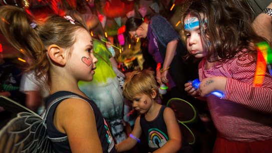  Lennox, 2 and Sadie, 4 from Kingsville enjoy the Big Fish Little Fish family rave party at La Di Da yesterday.