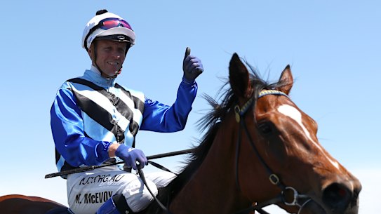 Kerrin McEvoy gives the thumbs up as Arctic Glamour returns in the Tapp-Craig.