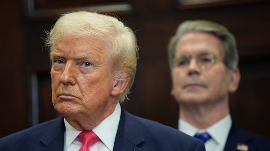 US President Donald Trump, left, and US Treasury Secretary Scott Bessent at the White House on Wednesday AEDT. The president said Australia’s superannuation system was a “good plan”.