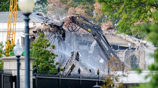 Demolition of a section of the East Wing of the White House, during construction on the new ballroom.