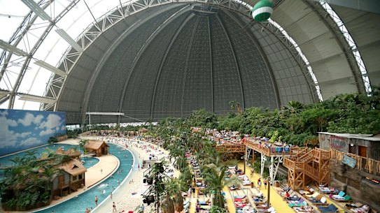 The former airship hangar at the old Brand-Briesen Airfield is the centre of Tropical Islands, a giant indoor resort.