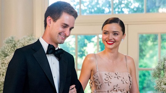 Miranda Kerr, right, and her then boyfriend, Snapchat CEO Evan Spiegel, in 2016 arriving for a state dinner for Nordic leaders at the White House in Washington. 