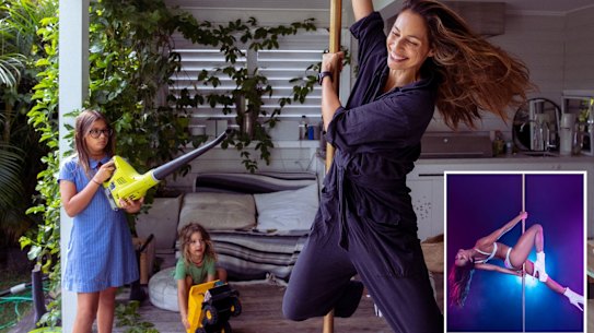 Amanda Montoya, who is a competitive pole dancer, with kids Arrow, 3, and Luna, 10. 