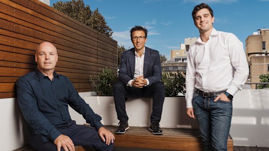 AFR BOSS First use do not use before April 13, 2018. AFTER PAY. Portrait of David Hancock - Executive Director & Group Head, Anthony Eisen - Executive Chairman and Nicholas Molnar, Executive Director & CEO of Afterpay. Photographed Friday 16th February 2018. Photograph by James Brickwood. AFR BOSS 180216