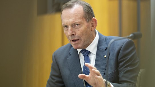 Former Prime Minister Tony Abbott during a hearing on the Aboriginal and Torres Strait Islander Voice Referendum, at Parliament House in Canberra on Monday 1 May 2023. fedpol Photo: Alex Ellinghausen