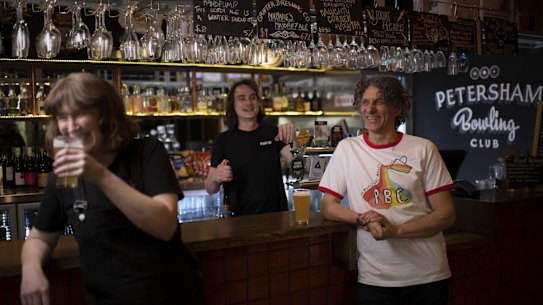 Petersham Bowling Club president George Catsi, right, with general manager Penny Ryan and bar manager Carl Manwarring. 