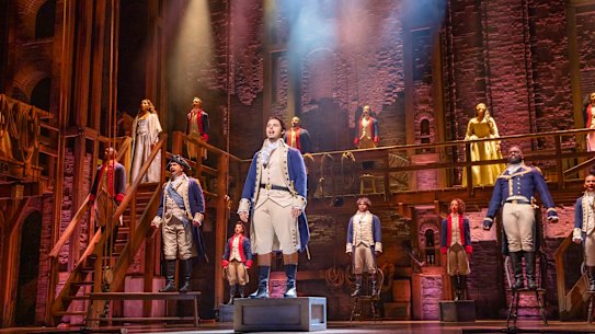 Jason Arrow and the Australian Hamilton cast at the performance premiere in Sydney on Saturday night. 