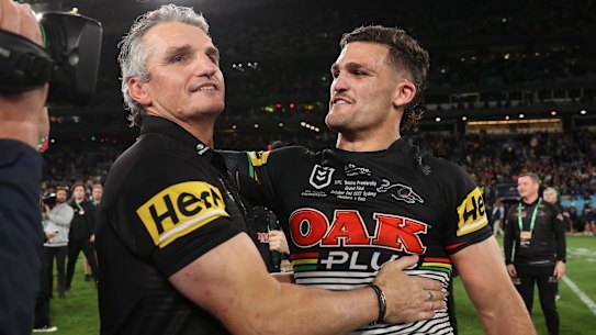 Ivan and Nathan Cleary embrace after clinching the premiership.