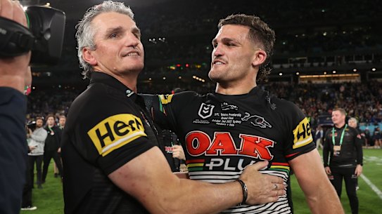 Ivan and Nathan Cleary embrace after clinching the premiership.