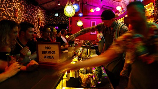 A scene from Sydney’s nightlife, at Jacobys Tiki Bar in Enmore outside the lockout zone.