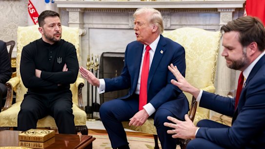 From left: Ukrainian President Volodymyr Zelensky, US President Donald Trump, and Vice President JD Vance during a meeting in the Oval Office on Friday.