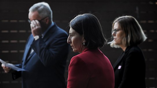 Health Minister Brad Hazzard, Premier Gladys Berejiklian and Chief Health Officer Dr Kerry Chant.