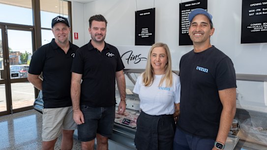 John Cordin and Asher Flynn (of Fins) with Venn’s Ash Kenworthy and Matt Kenworthy, at Fins’ pop-up shop at Bicton Central.