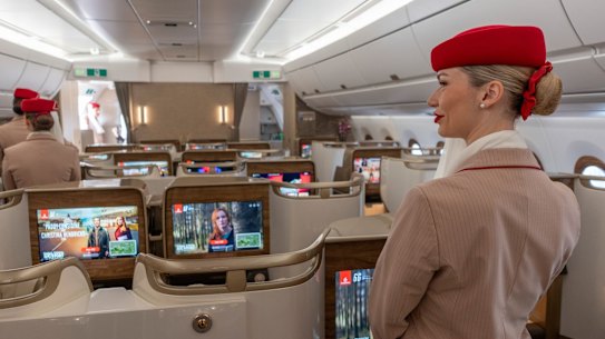 The business class cabin of an Emirates aircraft. 