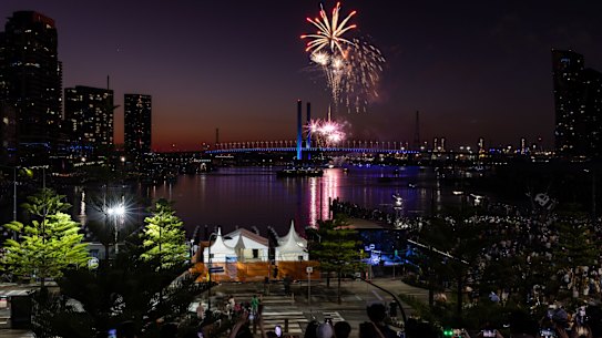 Family fireworks soared over the Bolte Bridge.