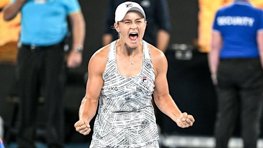 Australian Open.Ashleigh Barty plays against Danielle Collins in the women's singles final. 29 January 2022. The Age Sport. Photo: Eddie Jim.
