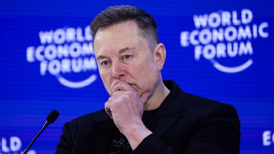Elon Musk, chief executive officer of Tesla Inc., during the World Economic Forum (WEF) in Davos, Switzerland, on Thursday, Jan. 22, 2026. The annual Davos gathering of political leaders, top executives and celebrities runs from Jan. 19-23. Photographer: Krisztian Bocsi/Bloomberg