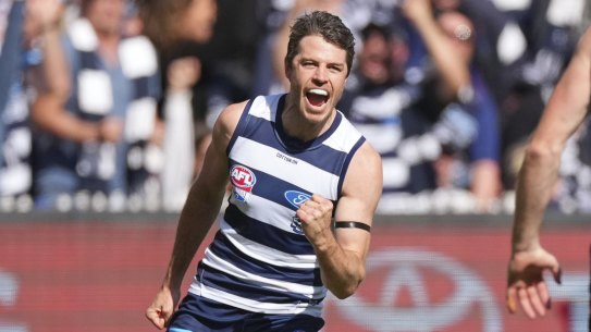 THE AGE SPORT/NEWS: Isaac Smith of the Cats celebrates after kicking a goal during the 2022 AFL Grand Final match between the Geelong Cats and the Sydney Swans at the MCG on September 24, 2022 in Melbourne, Australia. Photo by Scott Barbour