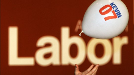 A supporter plays with a balloon before Kevin Rudd delivers his acceptance speech in 2007.